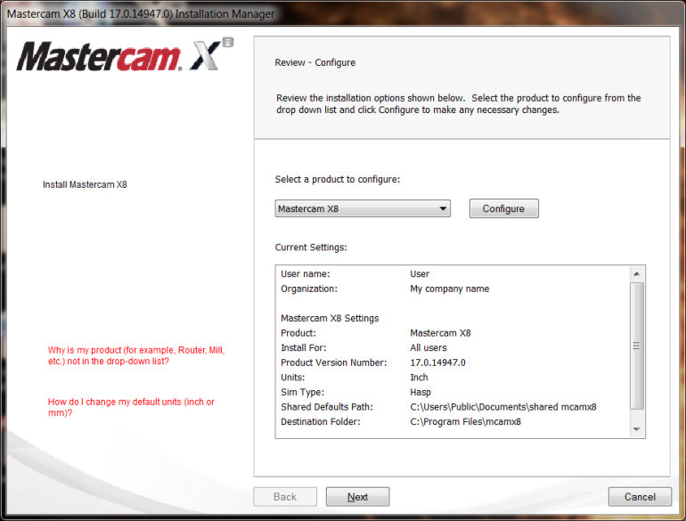 Install Mastercam X8 - Configure