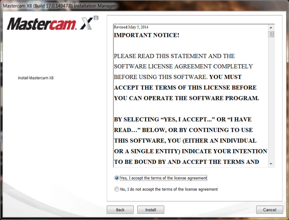 Install Mastercam X8 - License Agreement